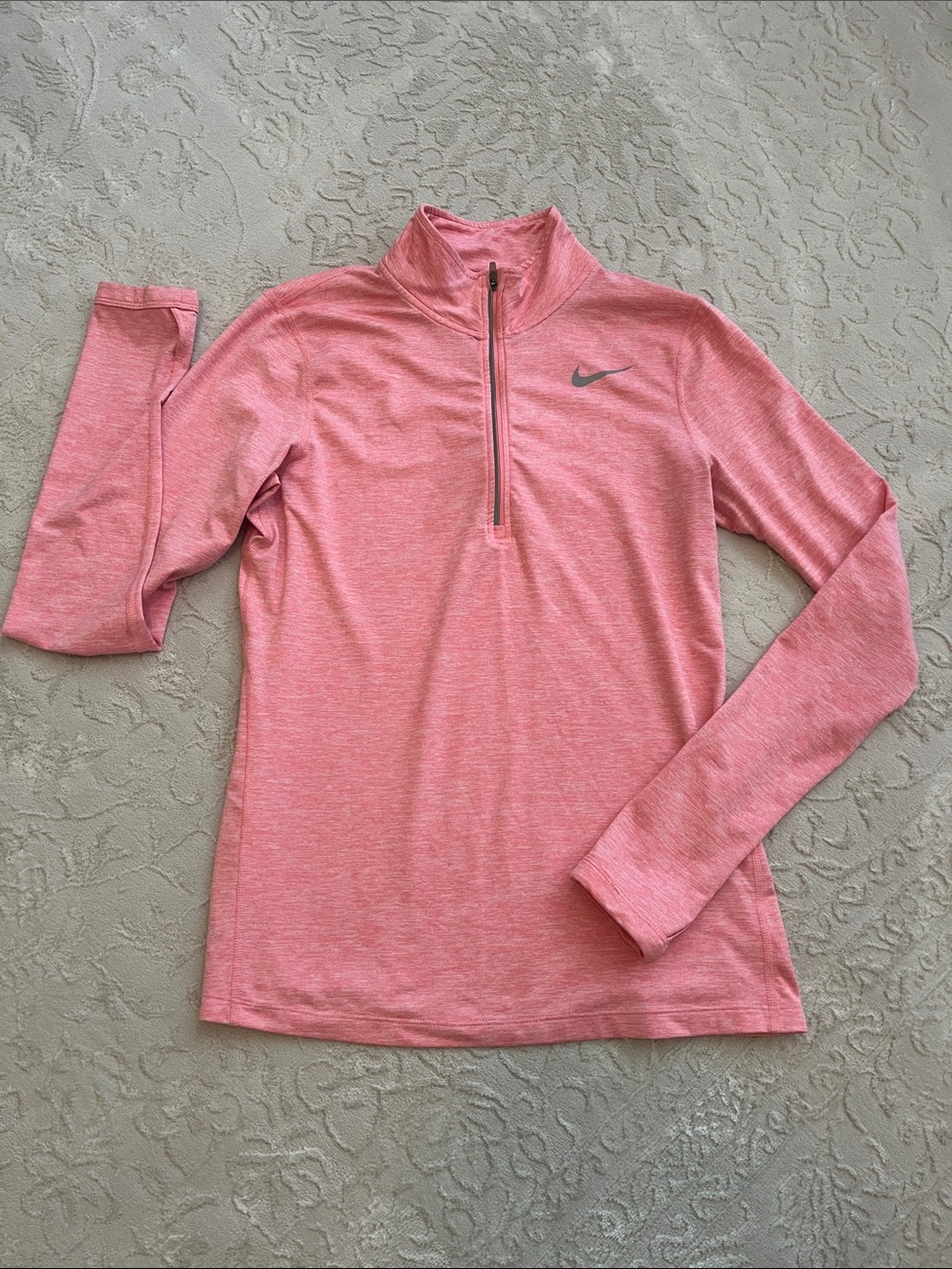 NIKE Running Dri-Fit 1/4 Zip Lt Coral Peach Heathered Pullover, Women's S